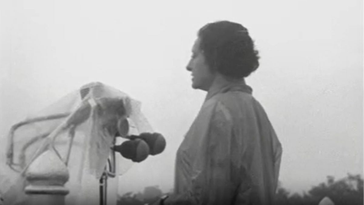 Third PM of independent India, Indira Gandhi, addressing the nation from Red Fort after flag hoisting in 1966 during heavy rains.